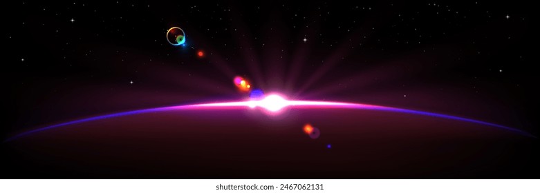 Planet horizon purple glow with rays and sparkle. Realistic 3d vector illustration of sunlight at dawn or dusk view from space. Fantasy universe sunrise or sunset light. Earth cosmos star rise.