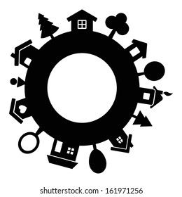 planeta con casas y fondo arbóreo