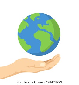 Planet in human hands. Hand palm and planet Earth. Ecology, environment issues, pollution concepts. Vector illustration