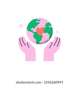 Planet in the human hands. Kindness, charity, and volunteering work concept. Vector flat illustration isolated on a white background.