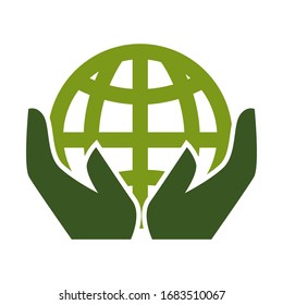 Planet and human hands, world Earth day isolated icon vector. Ecology and environment, saving and protection, emblem or logo. Eco friendly activity, planting trees and recycling garbage, clean air