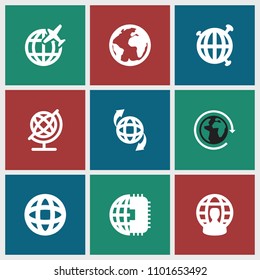 Planet icon. collection of 9 planet filled icons such as globe, qround the globe, user globe. editable planet icons for web and mobile.