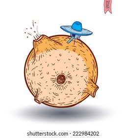  planet icon Moon with craters and ufo, hand drawn vector illustration.