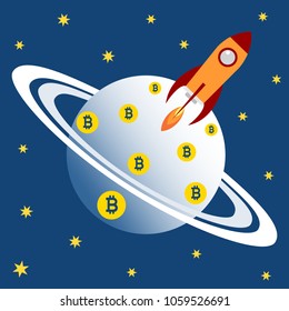 
Planet icon with a rocket. Crypto currency concept. Vector graphic illustration.