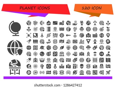  planet icon set. 120 filled planet icons. Simple modern icons about  - Globe, Earth, Worldwide, Planet earth, Solar system, Global, Ecologism, Map, Spaceship, World, Green energy