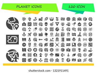 planet icon set. 120 filled planet icons.  Collection Of - Globe, Planet earth, Map, Solar system, Earth globe, Earth, Renewable energy, Worldwide, World, Rocket ship, grid