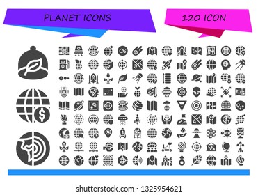 planet icon set. 120 filled planet icons.  Simple modern icons about  - Ecologism, Planet earth, Earth globe, Map, Space capsule, World, Lastfm, Meteorite, Earth grid, Rocket ship