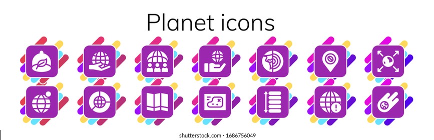 conjunto de iconos del planeta. 14 íconos llenos de planeta.  Iconos modernos sencillos, como: Ecologismo, globo terrestre, mundial, red terrestre, mapa, globo, planeta tierra, espacio, meteoritos