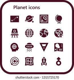 planet icon set. 16 filled planet icons.  Collection Of - Map, Orbit, Globe, Space capsule, Worlwide, Earth, Planet earth, Global, Ufo, Solar system, Rocket, Mars