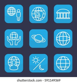 planet icon. Set of 9 outline planet icons such as observatory, globe, holding globe, sun and moon
