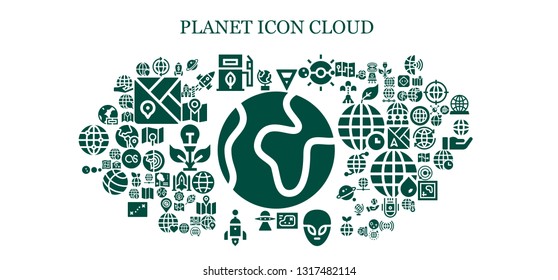 planet icon set. 93 filled planet icons.  Collection Of - World, Globe, Eco fuel, Earth, Solar system, Map, Alien, Aliens, Rocket, Worldwide, Planet, Green energy, Earth globe