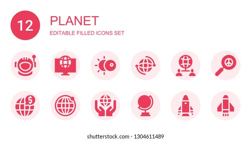planet icon set. Collection of 12 filled planet icons included Astronaut, World, Eclipse, Earth, Worldwide, Global, Earth grid, Globe, Rocket, Pacifism