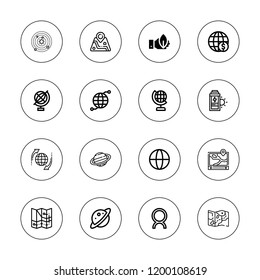 Planet icon set. collection of 16 outline planet icons with comet, earth globe, earth grid, ecology, globe, map, planet, worldwide, sun energy icons.