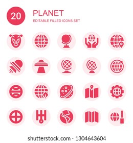 planet icon set. Collection of 20 filled planet icons included Alien, Earth grid, Globe, Worldwide, Ufo, Earth globe, Terra, Saturn, Map, Uranus