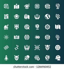 planet icon set. Collection of 36 filled planet icons included Full moon, Earth, Worldwide, Ufo, Alien, Rocket, Terra, World, Ursa major, Earth globe, Eclipse, Map, Earth grid