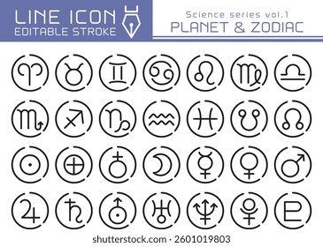Planet and zodiac vector icon set. Editable line stroke.