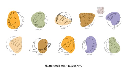 Planet icon set. Hand drawn outline trendy vector illustrations. Continuous line, minimalistic concept. Pastel colors