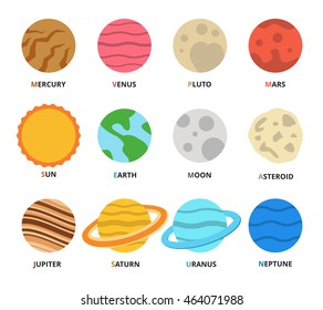 Planet icon set. Planets with names - mercury, venus, earth, mars, jupiter, saturn, uranus, neptune, pluto. Vector astronomic abstract objects - sun, moon, asteroid. Flat design illustration.