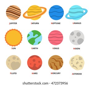 Planet icon set. Planets with names - mercury, venus, earth, mars, jupiter, saturn, uranus, neptune, pluto. Vector astronomic abstract objects - sun, moon, asteroid. Flat design illustration.