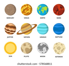 Planet icon set. Planets with names - mercury, venus, earth, mars, jupiter, saturn, uranus, neptune, pluto. Vector astronomic abstract objects - sun, moon, asteroid. Flat design illustration.