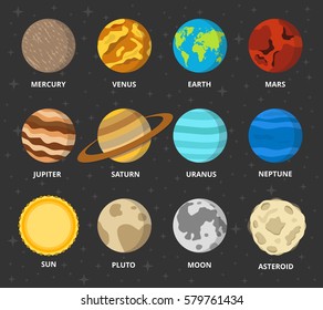 Planet icon set. Planets with names - mercury, venus, earth, mars, jupiter, saturn, uranus, neptune, pluto. Vector astronomic abstract objects - sun, moon, asteroid. Flat design illustration.