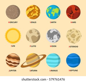 Planet Icon Set. Planets With Names - Mercury, Venus, Earth, Mars, Jupiter, Saturn, Uranus, Neptune, Pluto. Vector Astronomic Abstract Objects - Sun, Moon, Asteroid. Flat Design Illustration.