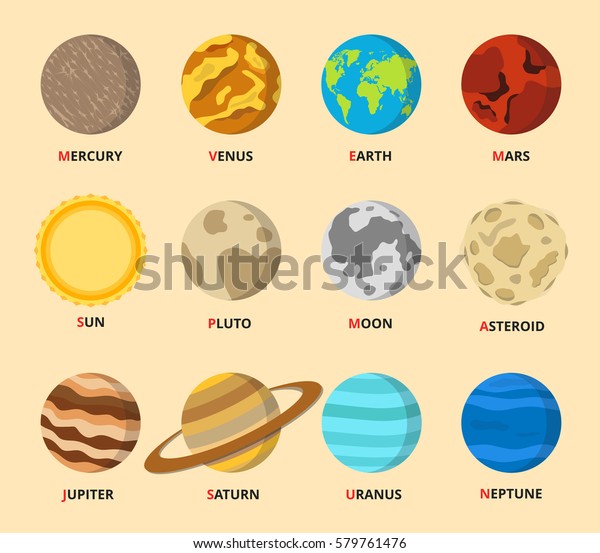 Planet icon set. Planets with names -
mercury, venus, earth, mars, jupiter, saturn, uranus, neptune,
pluto. Vector astronomic abstract objects - sun, moon, asteroid.
Flat design
illustration.