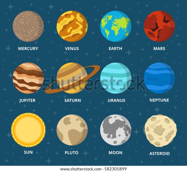 Planet icon set. Planets with names -\
mercury, venus, earth, mars, jupiter, saturn, uranus, neptune,\
pluto. Vector astronomic abstract objects - sun, moon, asteroid.\
Flat design\
illustration.