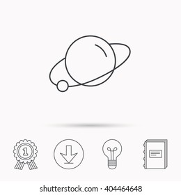 Planet icon. World globe sign. Astronomy symbol. Download arrow, lamp, learn book and award medal icons.