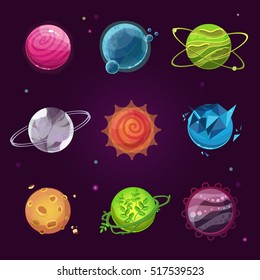 Iconos de planeta para el diseño de juegos. Fantásticos planetas de caza. Conjunto de dibujos animados fantásticos planetas sobre el fondo espacial. Planetas alienígenas fantasmas montados