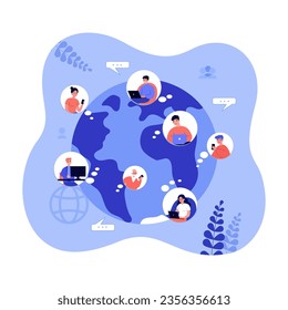 Planet with icons of people with gadgets vector illustration. Cartoon drawing of young and old men and women with phones, laptops or computers. Global communication, connection, technology concept