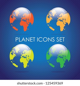 Planet icons red, yellow, green and orange. Glass effect. Vector illustration