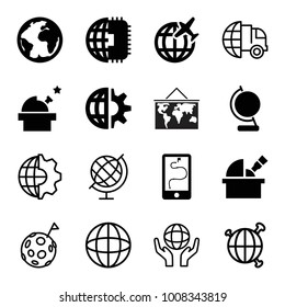 Planet icons. set of 16 editable filled and outline planet icons such as observatory, international delivery, clobe gear, holding globe, globe, flag on moon, plane, world map
