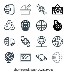 Planet icons. set of 16 editable outline planet icons such as globe, user globe, international delivery, world map, recycle, observatory