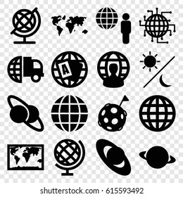 Planet icons set. set of 16 planet filled icons such as globe, user globe, sun and moon, globe and man, flag on moon, world map