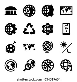 Planet icons set. set of 16 planet filled icons such as plane, observatory, globe, international music, recycle, globe in gear, sun and moon, globe search, flag on moon