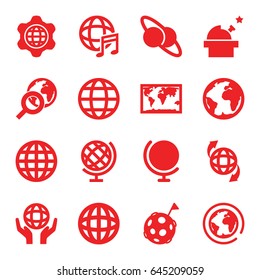 Planet icons set. set of 16 planet filled icons such as qround the globe, holding globe, international music, flag on moon, observatory