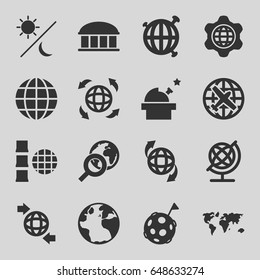 Planet icons set. set of 16 planet filled icons such as globe, plane, observatory, qround the globe, sun and moon, flag on moon, world map