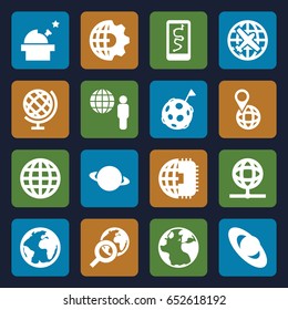 Planet icons set. set of 16 planet filled icons such as globe, plane, pin on globe, flag on moon, observatory, clobe gear