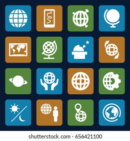 Planet icons set. set of 16 planet filled icons such as globe, qround the globe, sun and moon, observatory, planet, clobe gear, world map