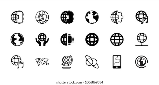 Planet icons. set of 18 editable filled and outline planet icons: globe, holding globe, international music, world map, clobe gear