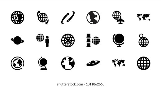 Planet icons. set of 18 editable filled planet icons: globe, plane, world map, globe and man