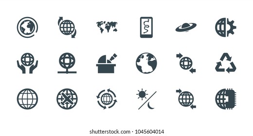 Planet icons. set of 18 editable filled planet icons: globe, plane, route and phone, qround the globe, holding globe, recycle, sun and moon, world map, observatory