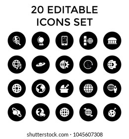 Planet icons. set of 20 editable filled planet icons such as observatory, clobe gear, globe, international music, internet. best quality planet elements in trendy style.