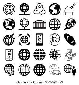 Planet icons. set of 25 editable filled and outline planet icons such as globe, route and phone, globe search, observatory, recycle, plane, international delivery