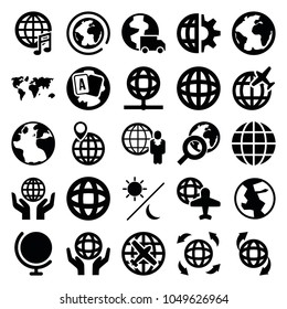 Planet icons. set of 25 editable filled planet icons such as globe, plane, world map, planet, globe and plane, sun and moon, international delivery, clobe gear