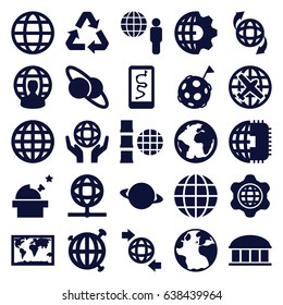 Planet icons set. set of 25 planet filled icons such as globe, plane, observatory, qround the globe, recycle, flag on moon, clobe gear, world map, internet