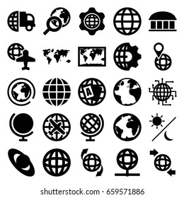 Planet icons set. set of 25 planet filled icons such as globe, plane, observatory, globe and plane, sun and moon, clobe gear, world map