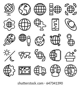 Planet icons set. set of 25 planet outline icons such as globe, globe and plane, sun and moon, international delivery, world map, flag on moon, observatory, clobe gear