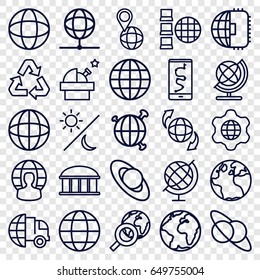 Planet icons set. set of 25 planet outline icons such as globe, observatory, qround the globe, recycle, sun and moon, international delivery, internet